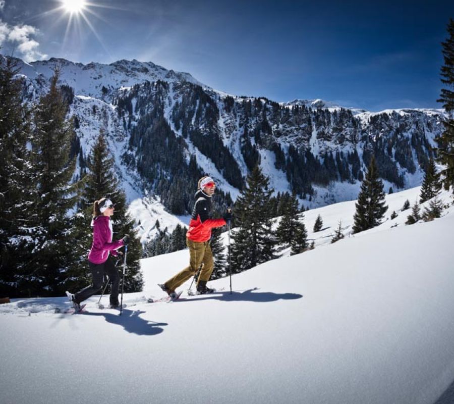 Zwei Personen beim Skitourengehen auf verschneitem Bergpfad mit Tannen und Bergpanorama im Hintergrund