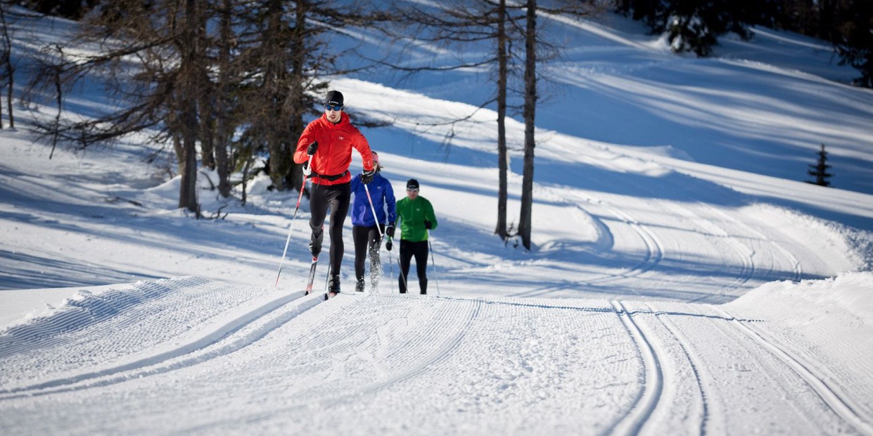 Three people cross-country skiing on a groomed trail in a snowy forested area