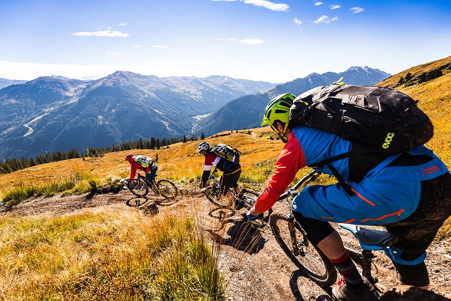 Drei Mountainbiker fahren auf einem schmalen Pfad durch eine bergige Landschaft mit Gras und Bäumen im Hintergrund